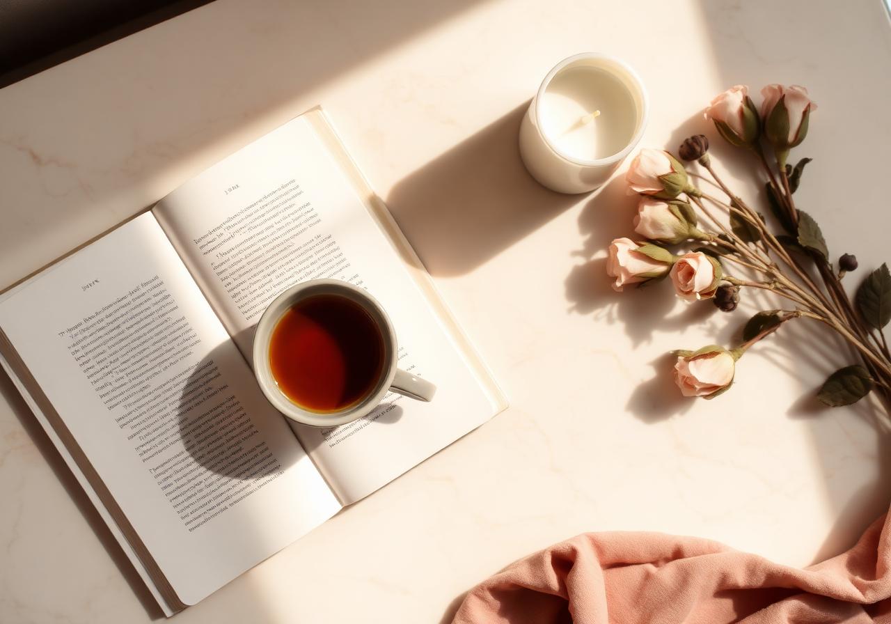 Soft luxury still life — open journal, herbal tea, dried roses and a candle in morning light